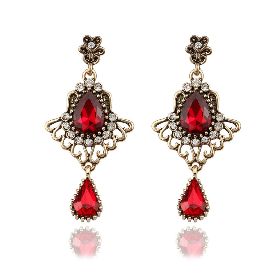 Fashion Hollowed-out Drop-shaped Ruby Glass Elegant Crystal Earrings