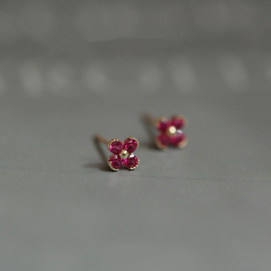 925 Silver Rose Red Little Flowers Ruby Stud Earrings