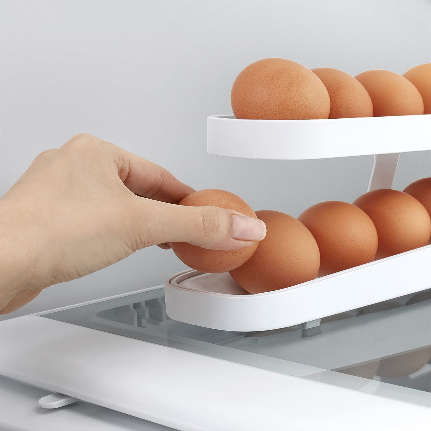 Awtomatikong Pag-scroll sa Egg Rack Holder ng Storage Box Egg Basket Container Organizer Rolldown Refrigerator Egg Dispenser Para sa Mga Gadget sa Kusina