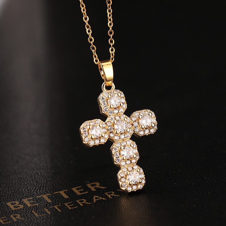 Classic Cross Shape Brass Micro Set Religious Necklace Pendant