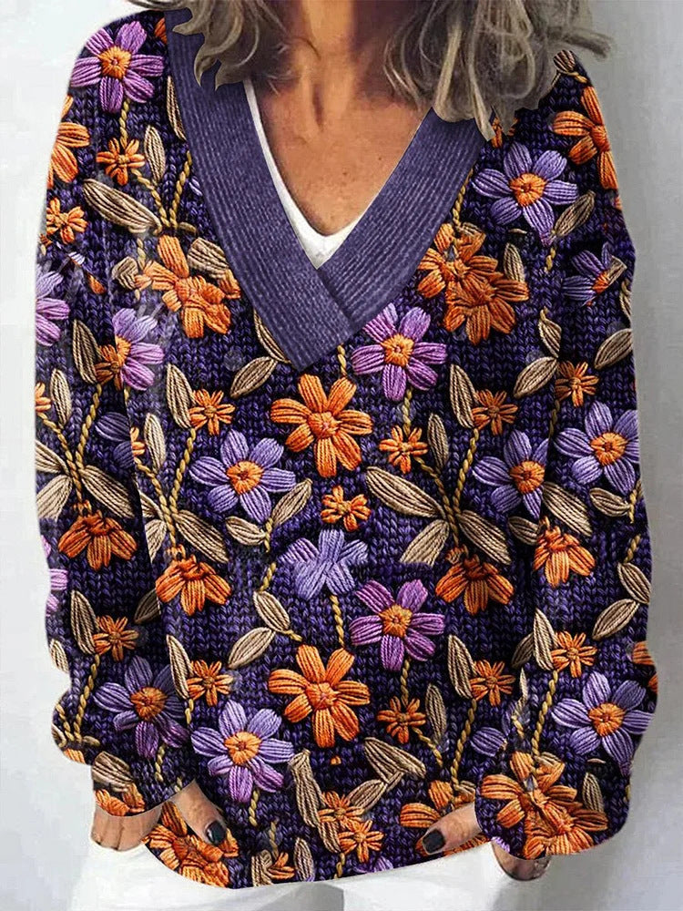 Autumn And Winter Fashion Trends Vintage Floral V-neck Sweater