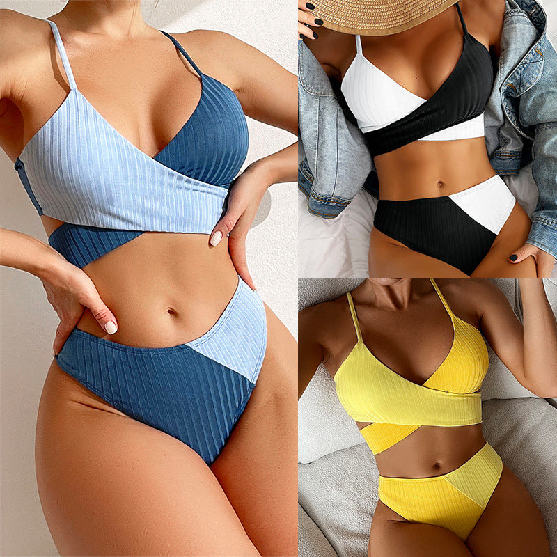 Bikini Patchwork Traje de baño Traje de baño acanalado para mujer Nudo Espalda Ropa de playa Fruncido Trasero Biquinis Trajes de baño