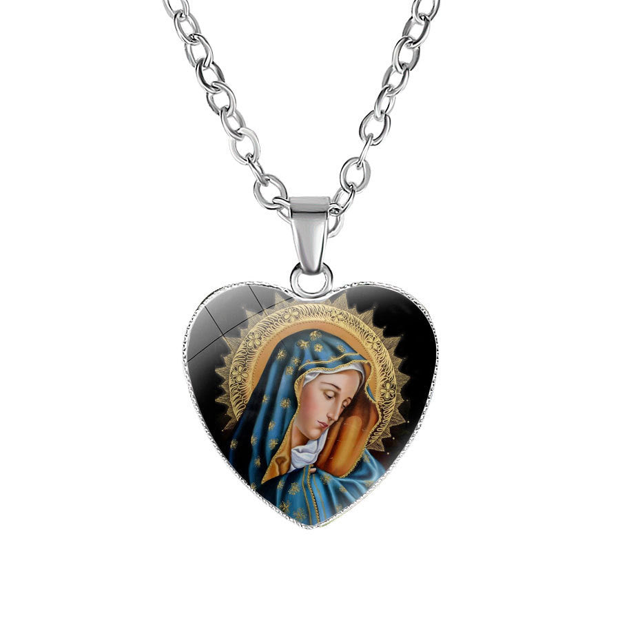 Catholic Virgin Head Portrait Heart-shaped Religious  Time Gemstone Necklace