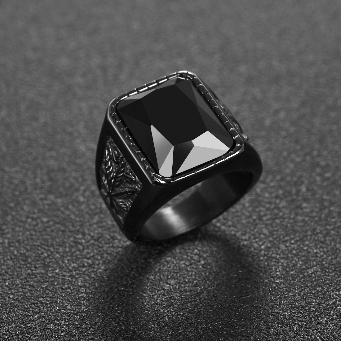 Maple Leaf Black Ruby Stainless Steel Ring For Men