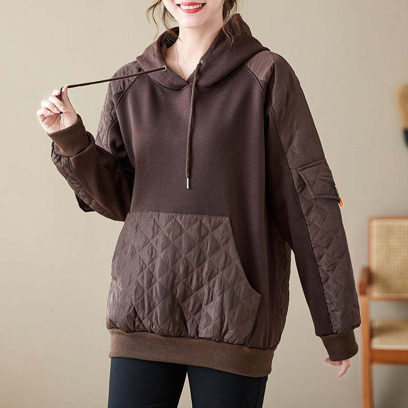 Autumn And Winter Stitching Quilted Loose Hooded Sweater