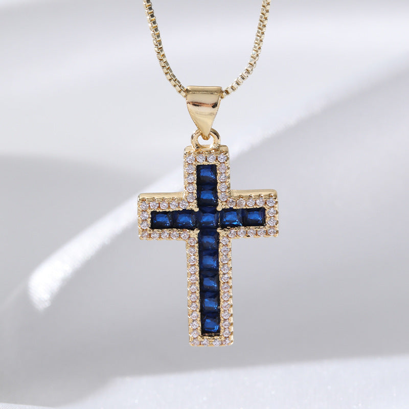 European And American Fashion Copper Micro Inlaid Zircon Cross Necklace Religious Design Hip Hop Style