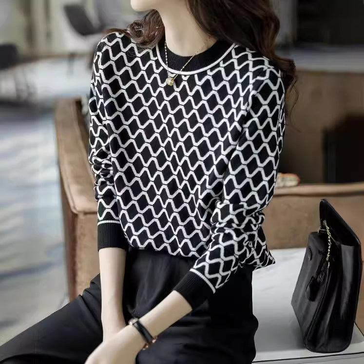 Wave Rhombus Plaid Slimming Wool Base Shirt Inner Knitted Sweater For Women