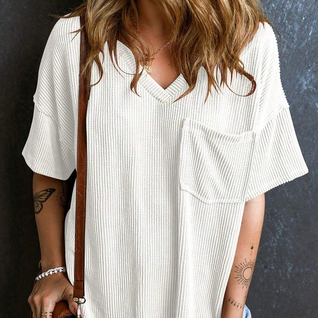 Two-tone Pocket Short Sleeve V-neck Top