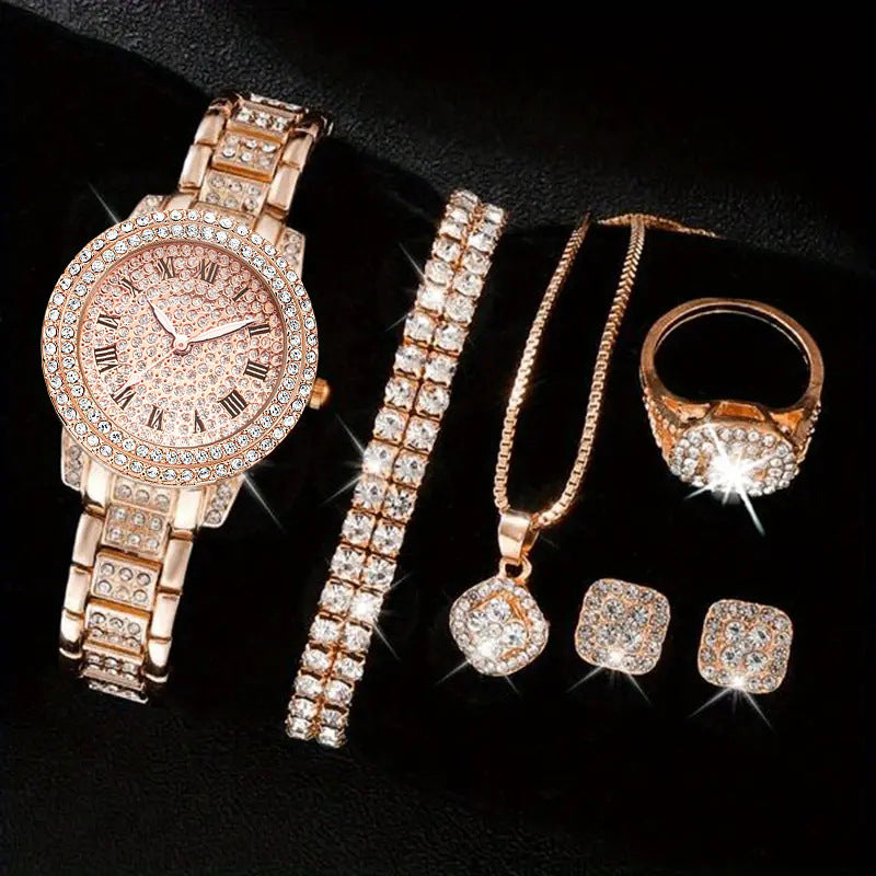 Conjunto de cinco piezas de reloj de cuarzo romano de moda con diamantes para mujer