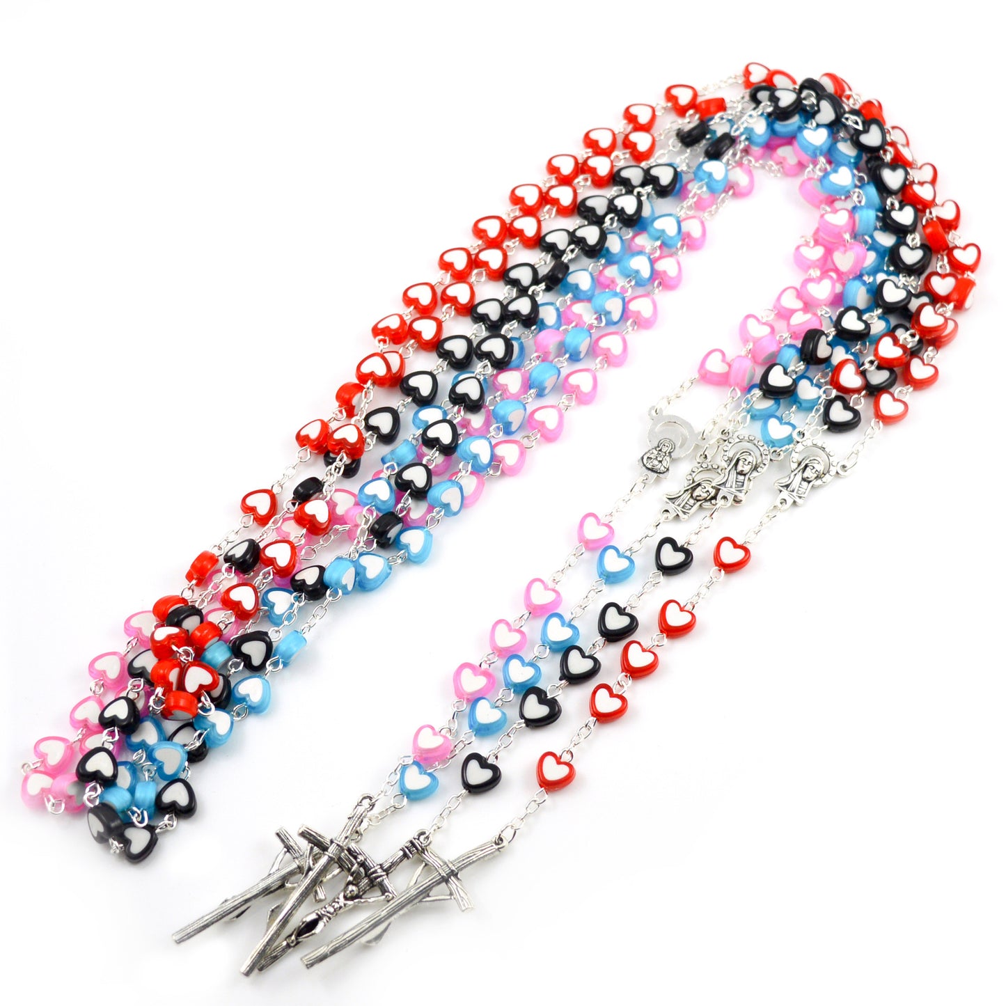 Multicolor Heart Shaped Acrylic Rosary Jesus Virgin Mary Pendant Religious Cross Necklace Jewelry