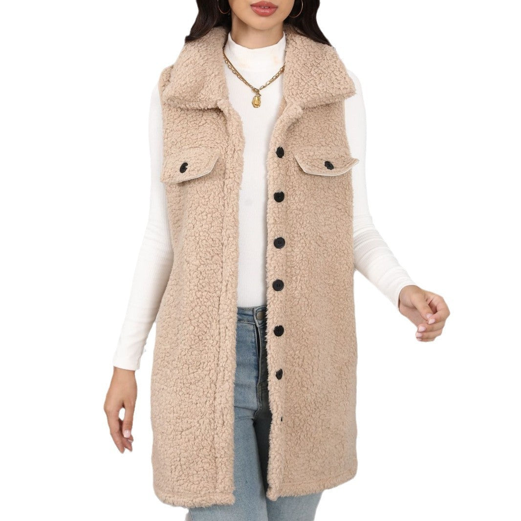 Autumn And Winter New Polo Collar Sleeveless Loose Cardigan Vest