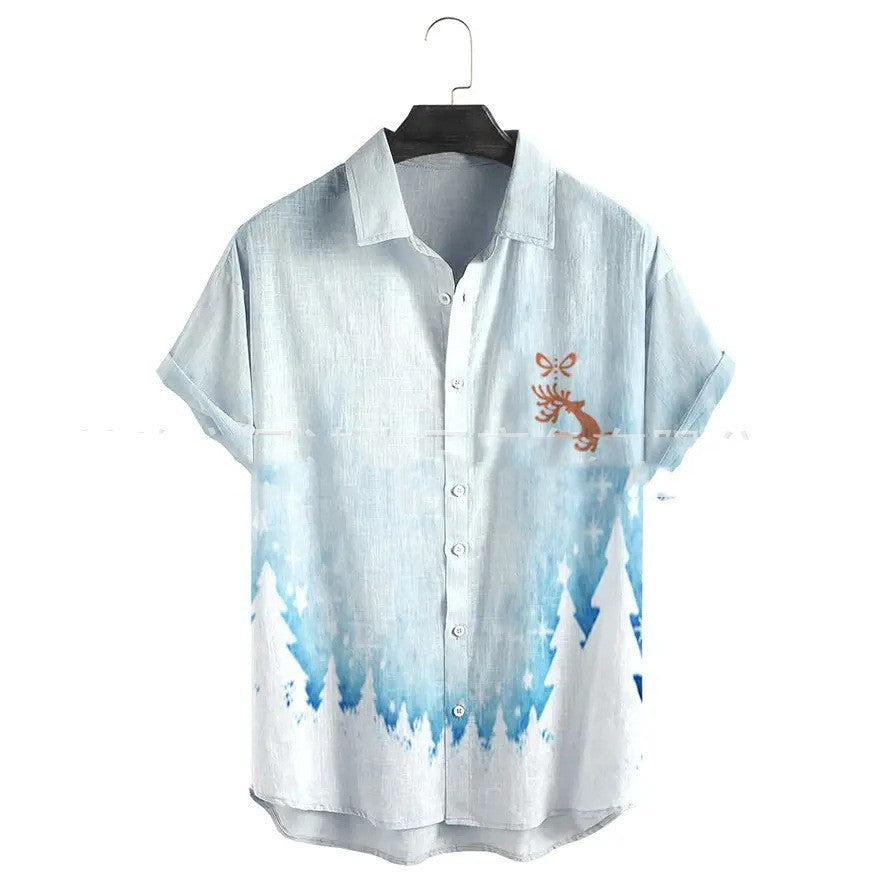 Men's Lapel Basic Holiday Printed Short-sleeved Shirt