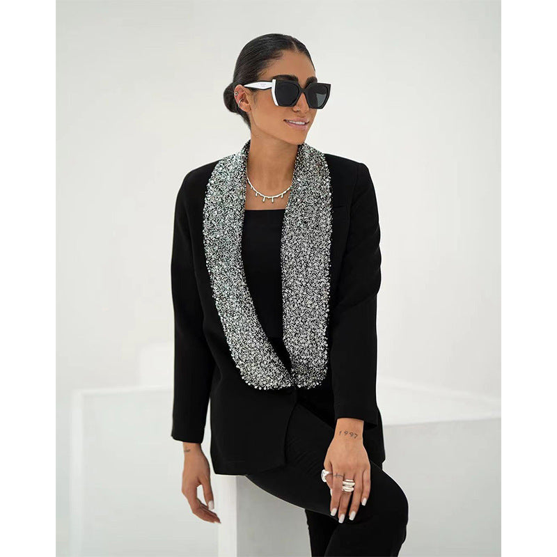 Black Shiny Sequined Deep V-neck Blazer