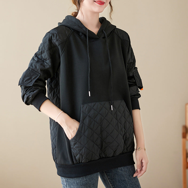 Autumn And Winter Stitching Quilted Loose Hooded Sweater