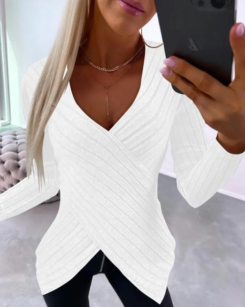 Autumn And Winter New Irregular Width Sunken Stripe Slim Long Sleeve Top