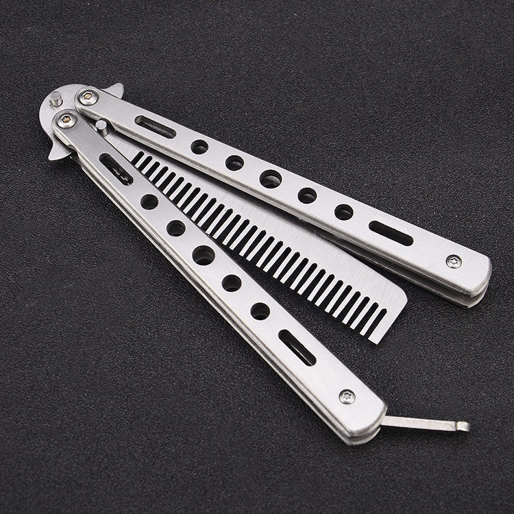 Panlabas na Foldable Comb Stainless Steel Practice Training Butterfly Knife Comb Beard Mustache Brushe Salon Hairdressing Hair Styling Tool