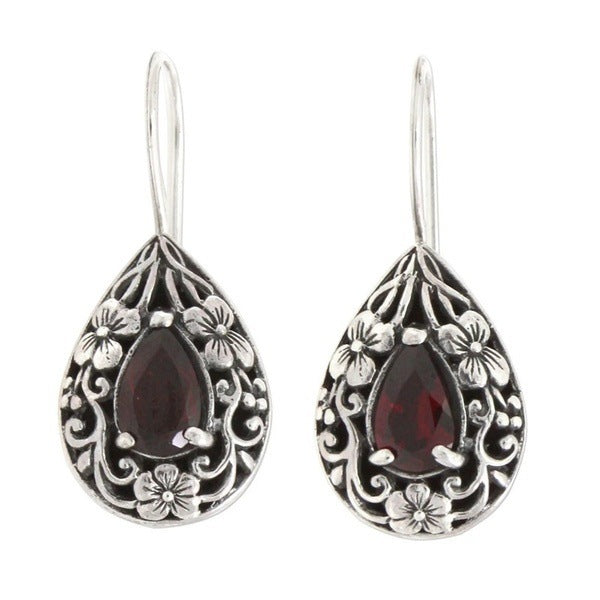 Water Drop Pear Shaped Vintage Earrings Silver Carved Ruby