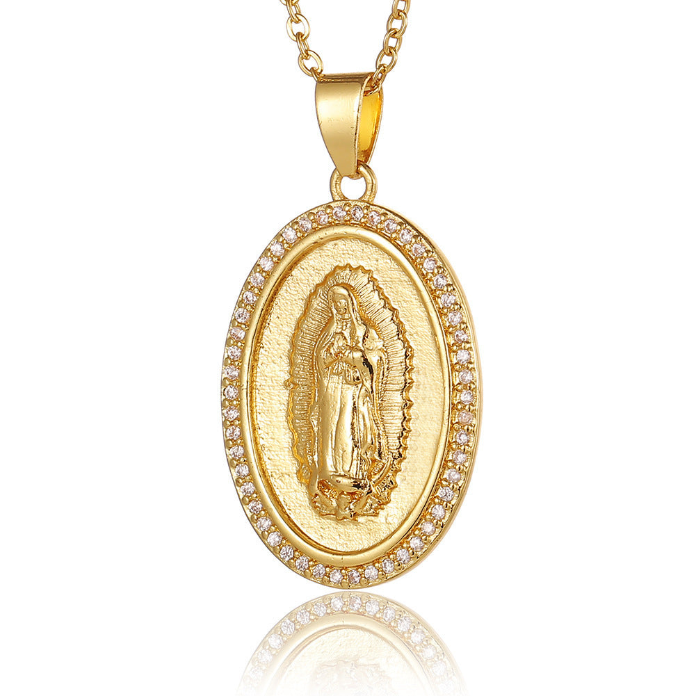 Women's Religious Jewelry Copper Micro-encrusted Zirconia Virgin Mary Pendant Devotee Necklace