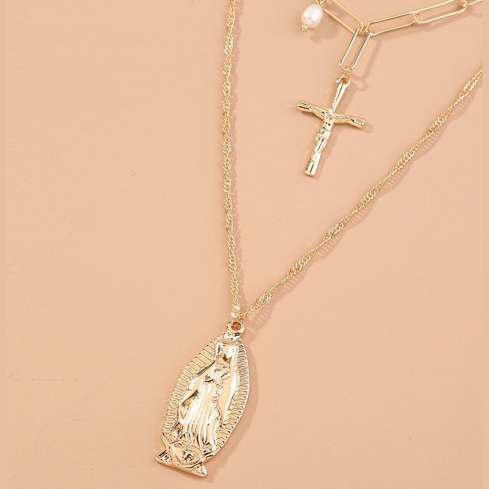 Religious Belief Cross Tag Natural Freshwater Pearl Multilayer Necklace