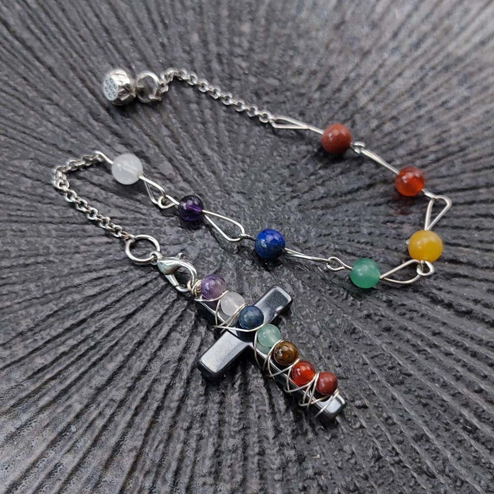 Natural Stone Religious Cross Pendant Bracelet