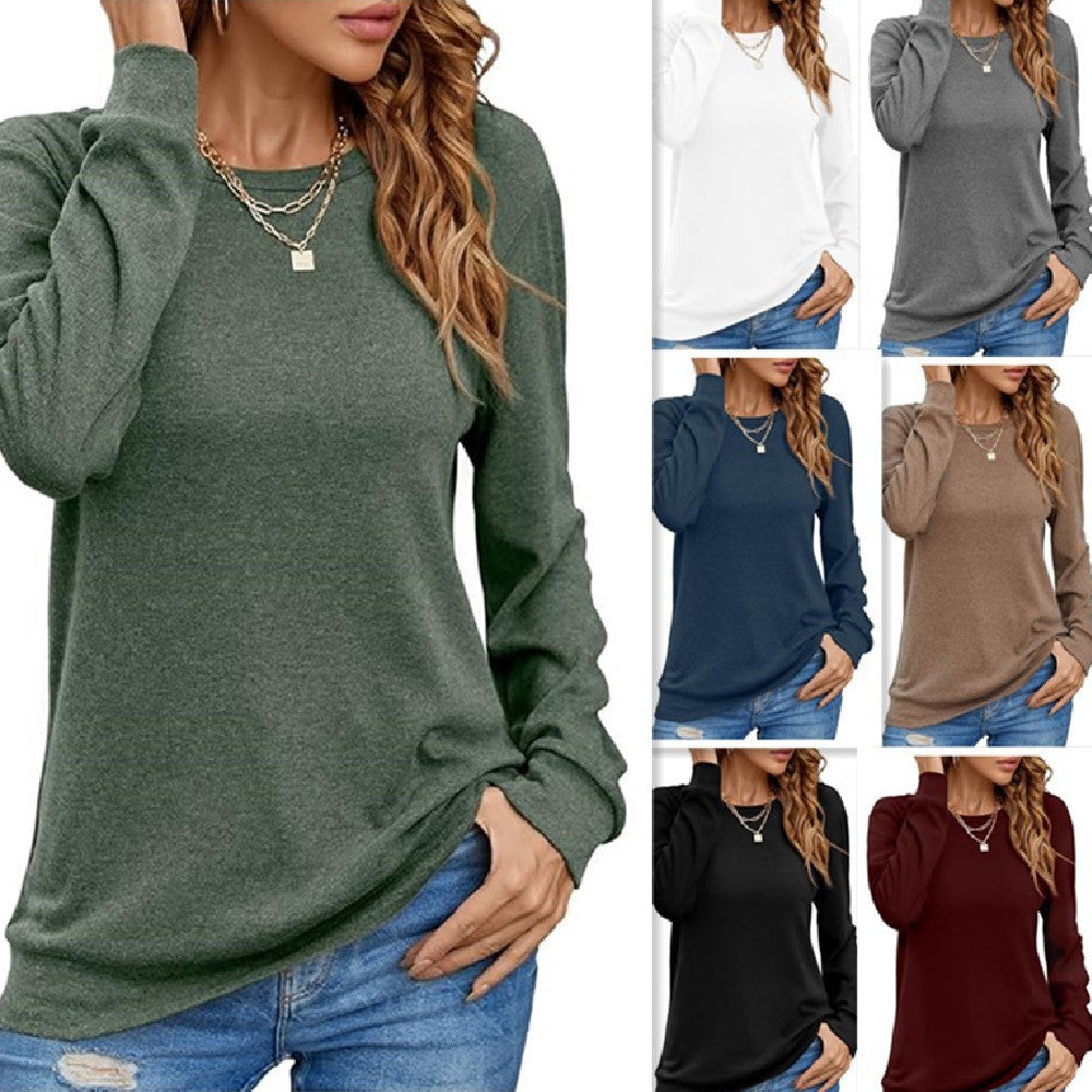 European And American Style Women Long Sleeve Shirt Solid Color Round Neck Coat