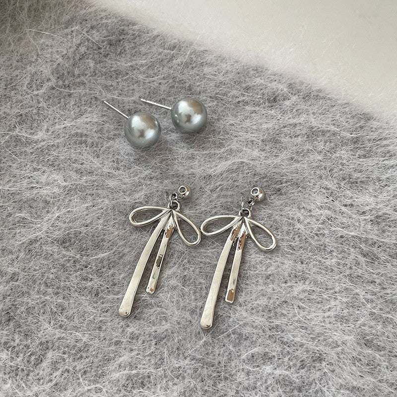 Silver Needle Niche Bow Earrings Female Pearl