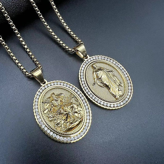 Embossed Religious Character Stainless Steel Zircon Pendant Necklace