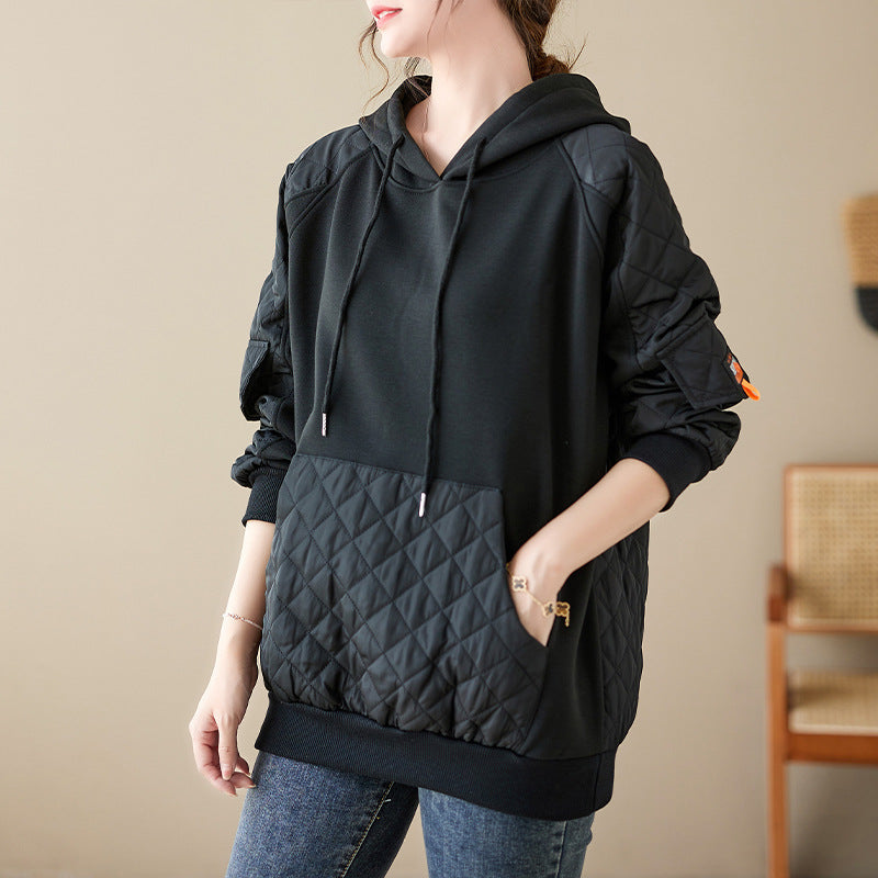 Autumn And Winter Stitching Quilted Loose Hooded Sweater