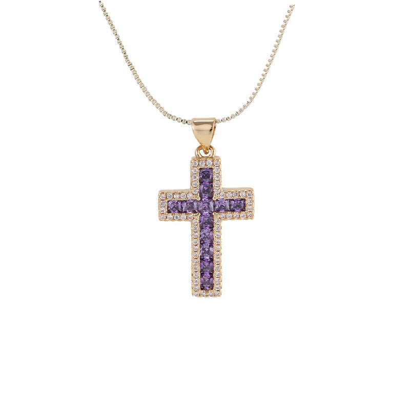 European And American Fashion Copper Micro Inlaid Zircon Cross Necklace Religious Design Hip Hop Style