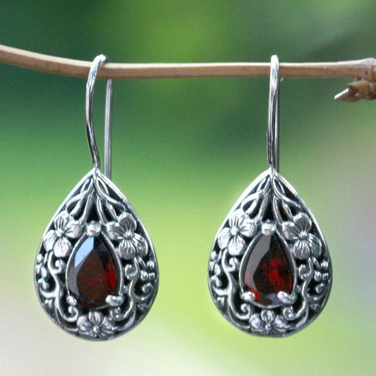 Water Drop Pear Shaped Vintage Earrings Silver Carved Ruby