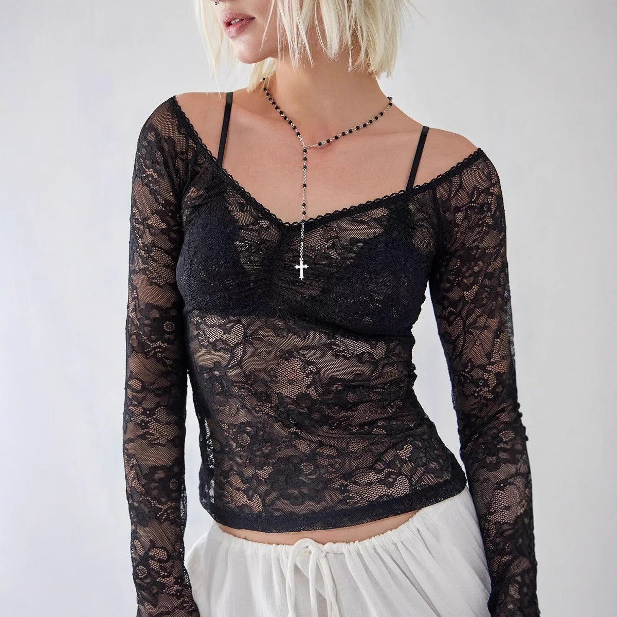 Women's Top Lace See-through V-neck