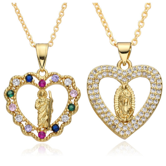 Heart-shaped Zircon Round Religious Virgin Mary Pendant Exquisite Jewelry Necklace