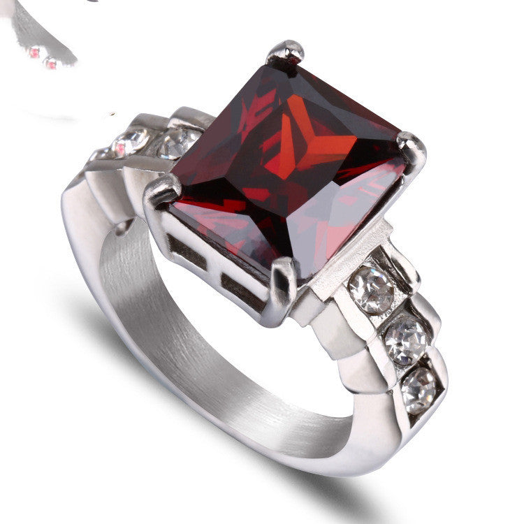 Women's Glass Ruby Stainless Steel Ring Simple