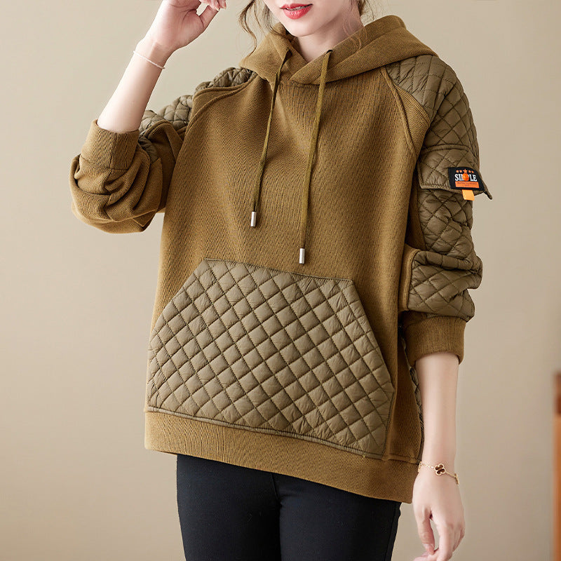 Autumn And Winter Stitching Quilted Loose Hooded Sweater