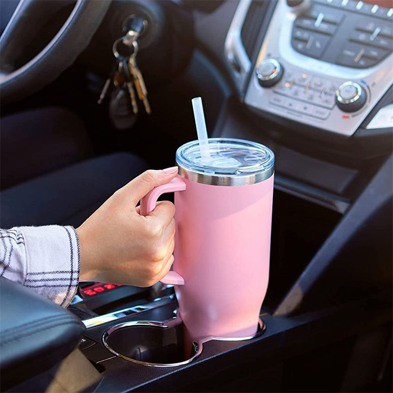 Taza aislante de café de paja con asa, botella de agua portátil de acero inoxidable para coche, taza térmica sin BPA de viaje de gran capacidad, 40oz