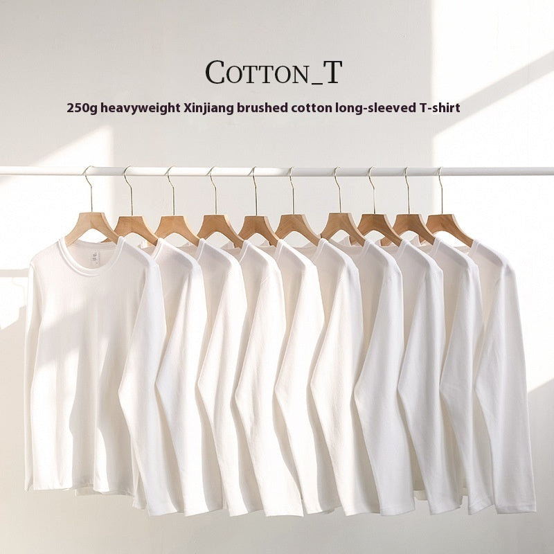 Heavy Cotton Long-sleeved T-shirt Solid Color White Round Neck