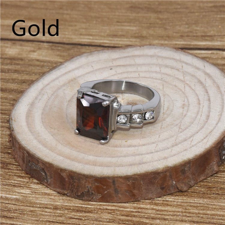 Women's Glass Ruby Stainless Steel Ring Simple