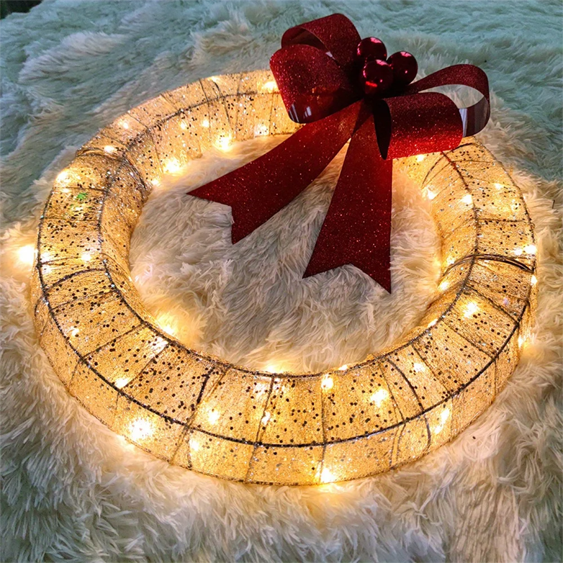 Christmas Garland 50CM Luminous LED Warm Light Metal Luminous Wreath Na May Malaking Bowknot Christmas Front Door Home Holiday Party Door Hanging Decor