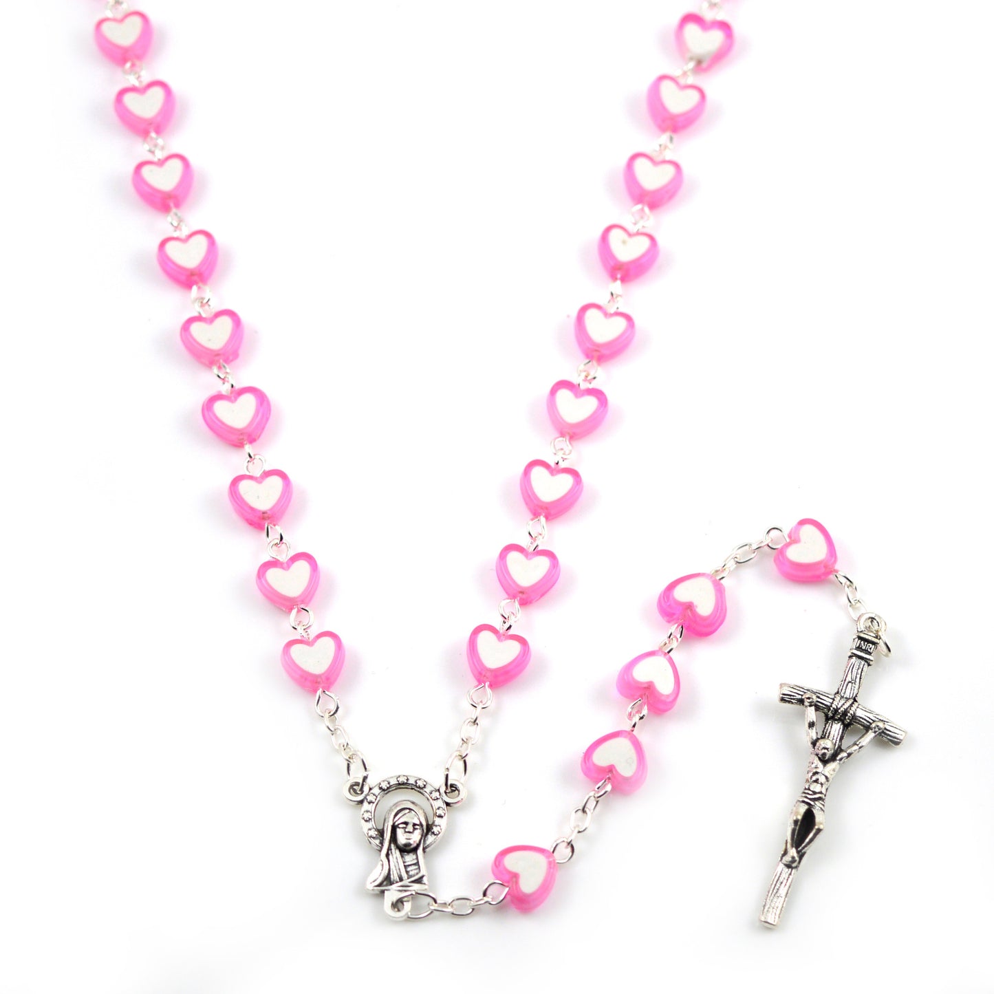 Multicolor Heart Shaped Acrylic Rosary Jesus Virgin Mary Pendant Religious Cross Necklace Jewelry