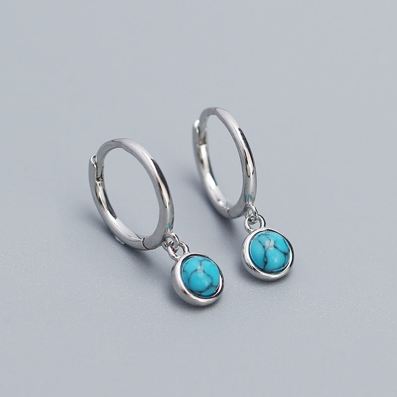 S925 Sterling Silver Pendant Ear Clip Synthetic Moonstone Agate Blue Turquoise Earrings Women