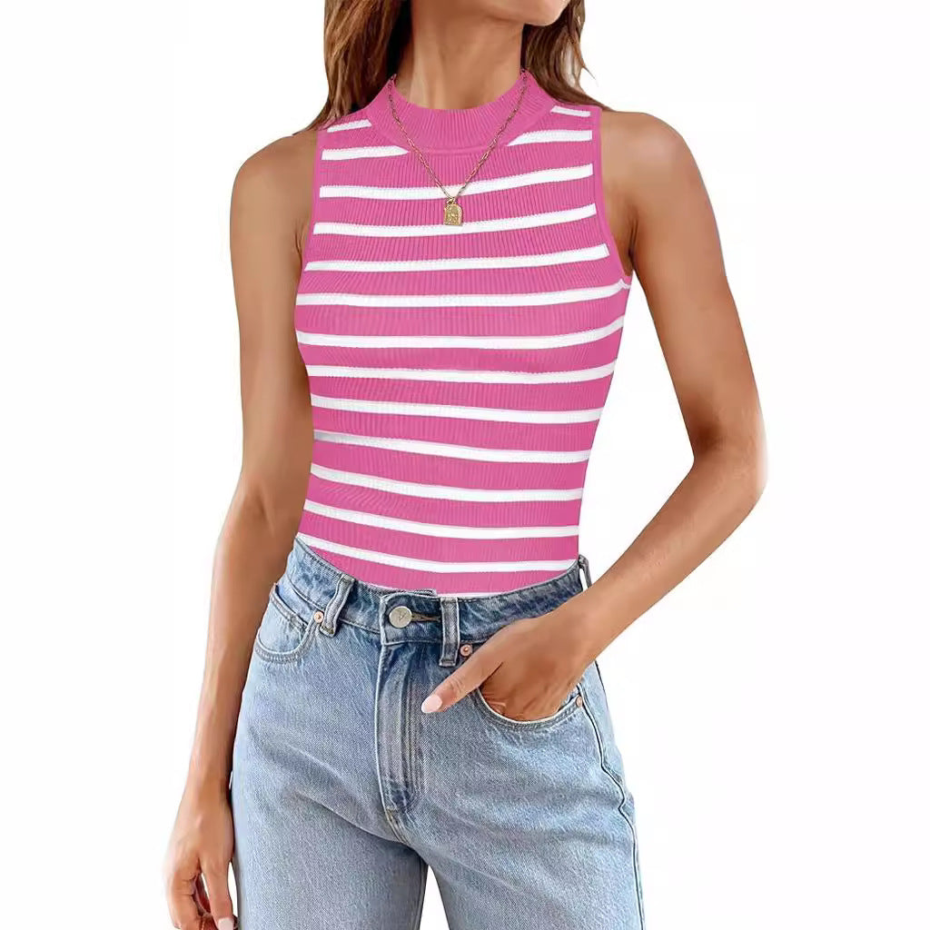 Women's Fashion Casual Sleeveless Ribbed Turtleneck Slim Striped Top