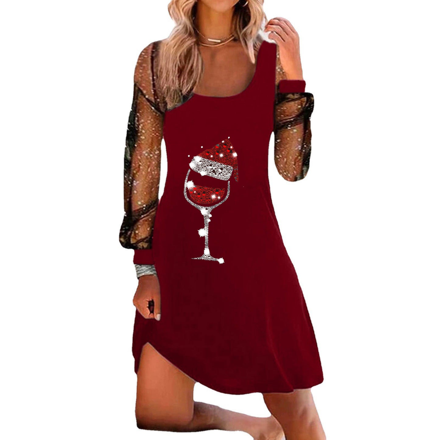 Christmas Wine Glass Printed Pullover Long Sleeve Dress