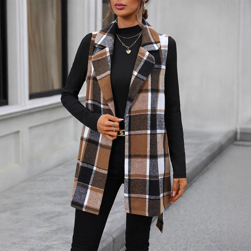 Casual Sleeveless Waist-controlled Lace-up Vest Plaid Coat