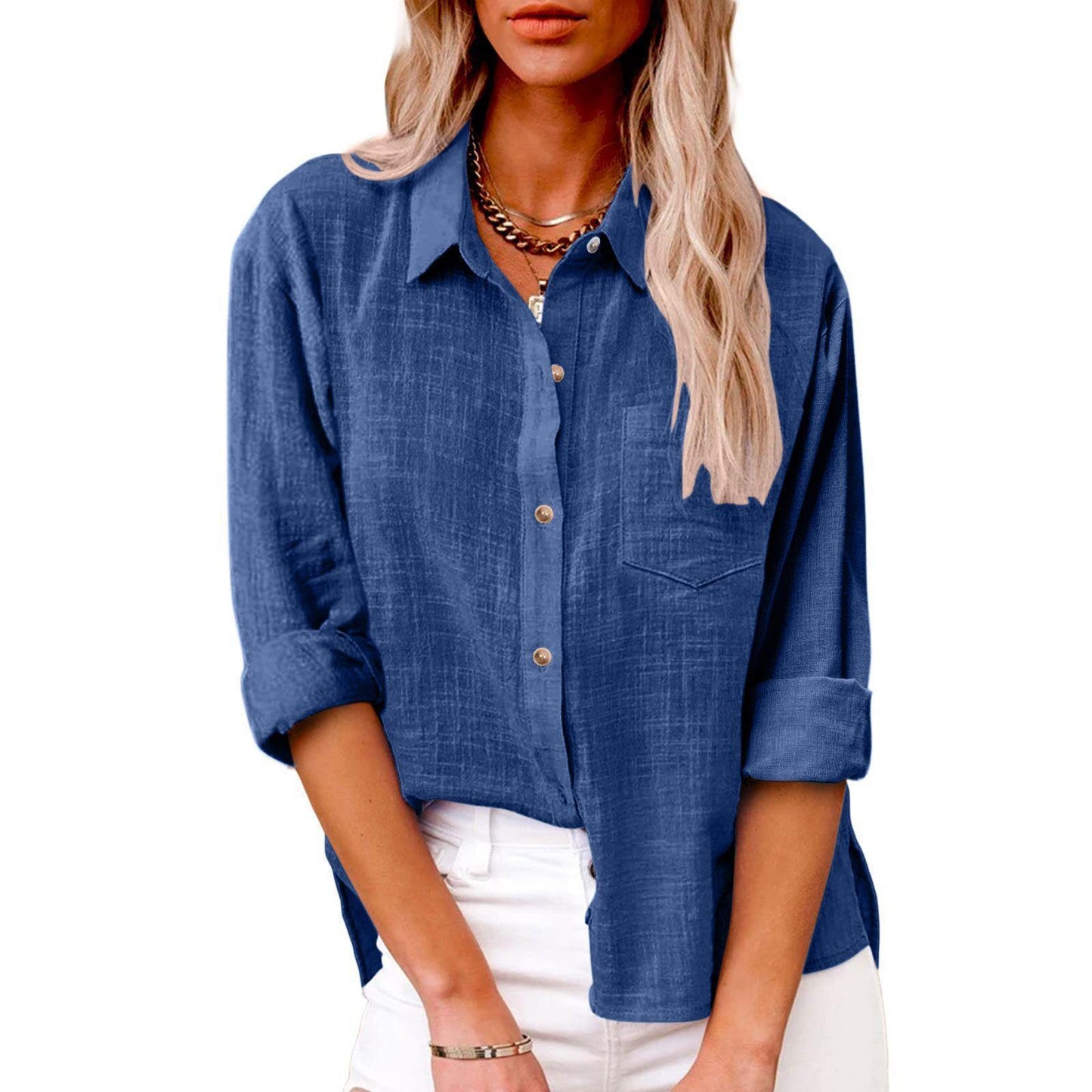 Pocket Split Cotton At Linen Long-sleeved Shirt