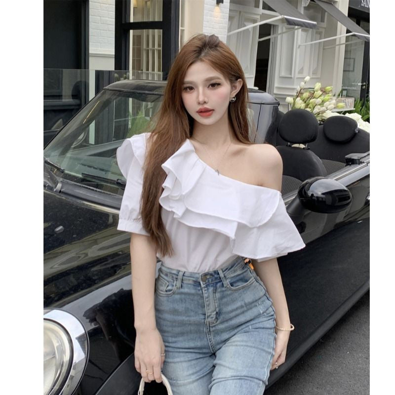 Women's Ruffled Off-the-shoulder Long Sleeve Design Elegant Socialite Shirt