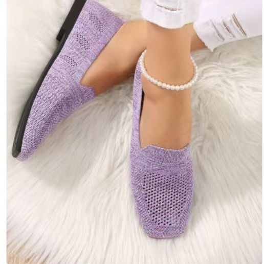 Square Toe Flat Bottom Flying Woven Pumps Female Slip-on Casual Shoes