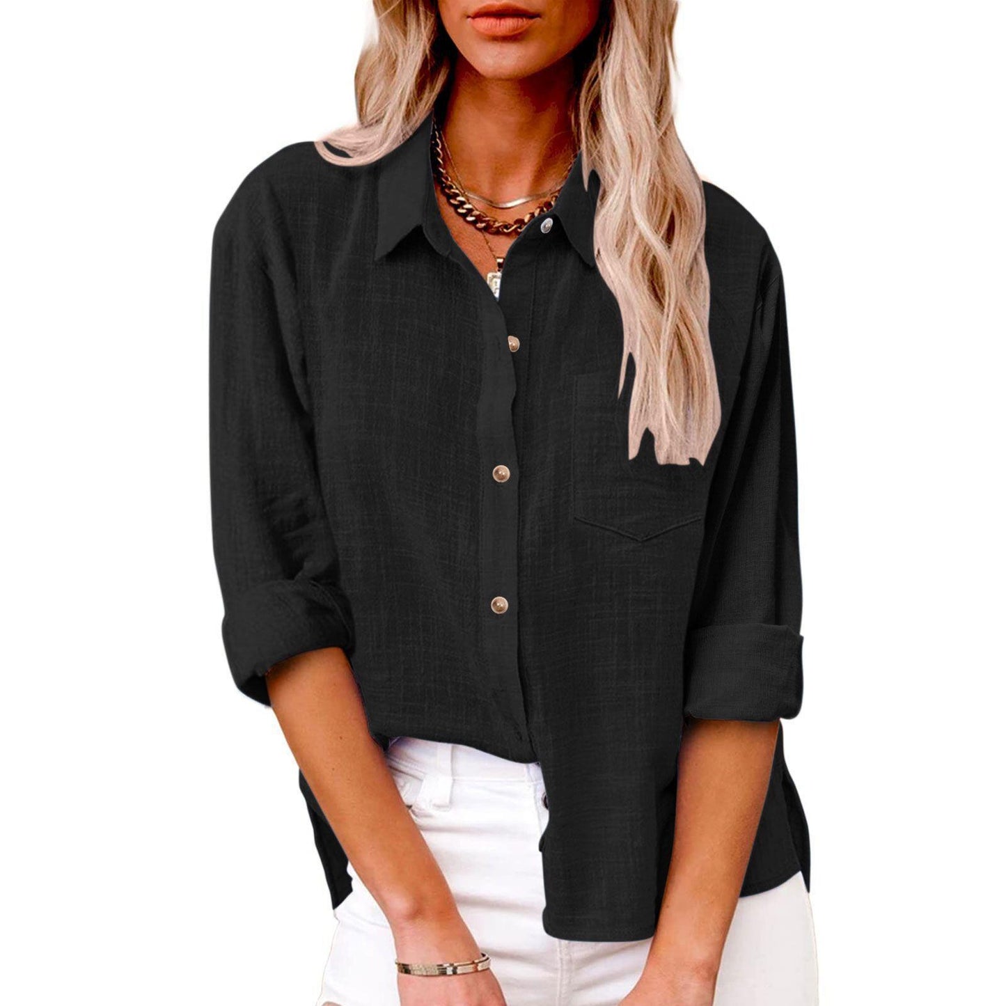 Pocket Split Cotton At Linen Long-sleeved Shirt