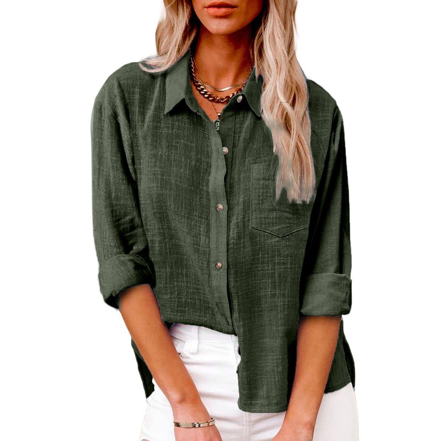 Pocket Split Cotton At Linen Long-sleeved Shirt