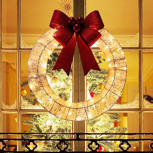 Christmas Garland 50CM Luminous LED Warm Light Metal Luminous Wreath Na May Malaking Bowknot Christmas Front Door Home Holiday Party Door Hanging Decor