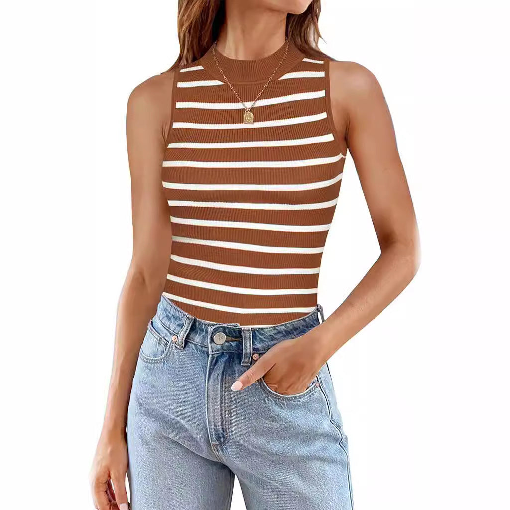 Women's Fashion Casual Sleeveless Ribbed Turtleneck Slim Striped Top